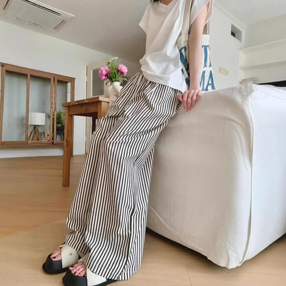Walking Pants Sleeping Pants Women's Gray Vertical Striped Wide Leg Pants Autumn Straight Leg Loose Casual Floor Pants Student