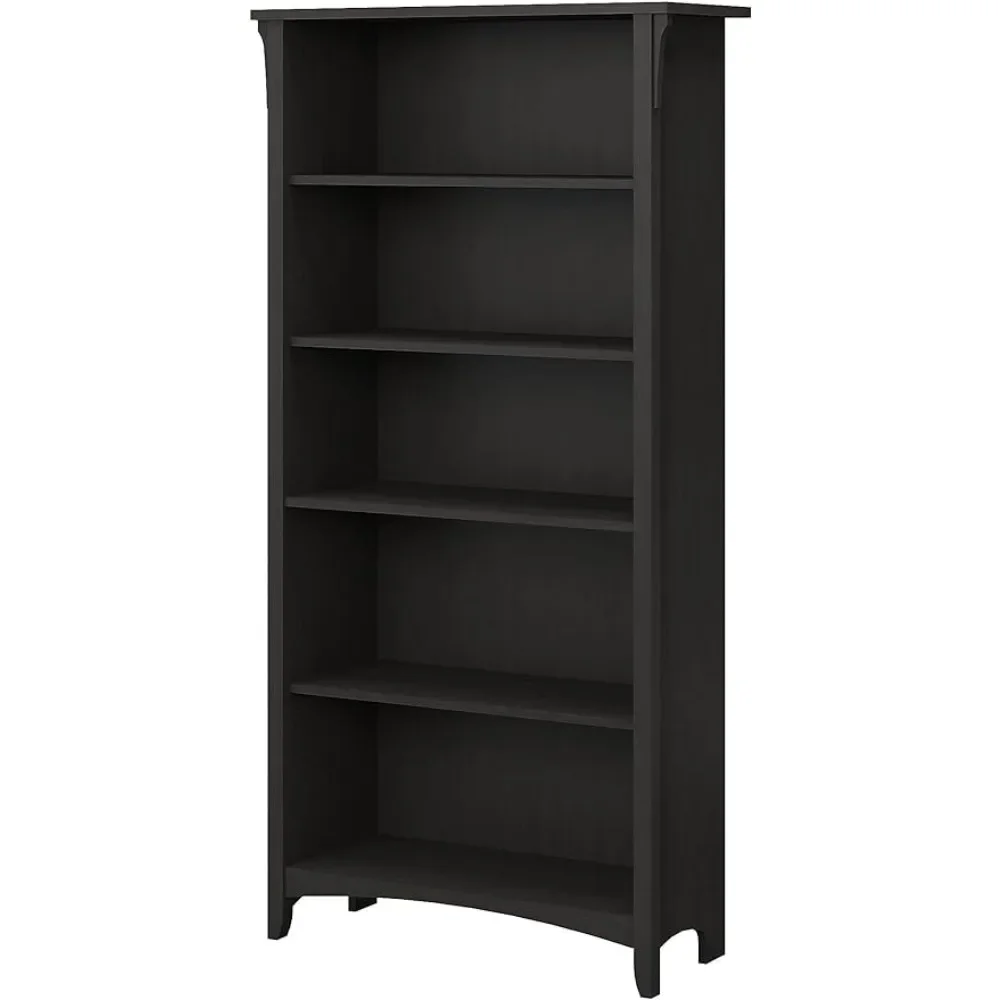 Salinas Tall 5 Shelf Bookcase in Vintage Black | Distressed Style Modern Farmhouse Bookshelf for Living Room and Home Office