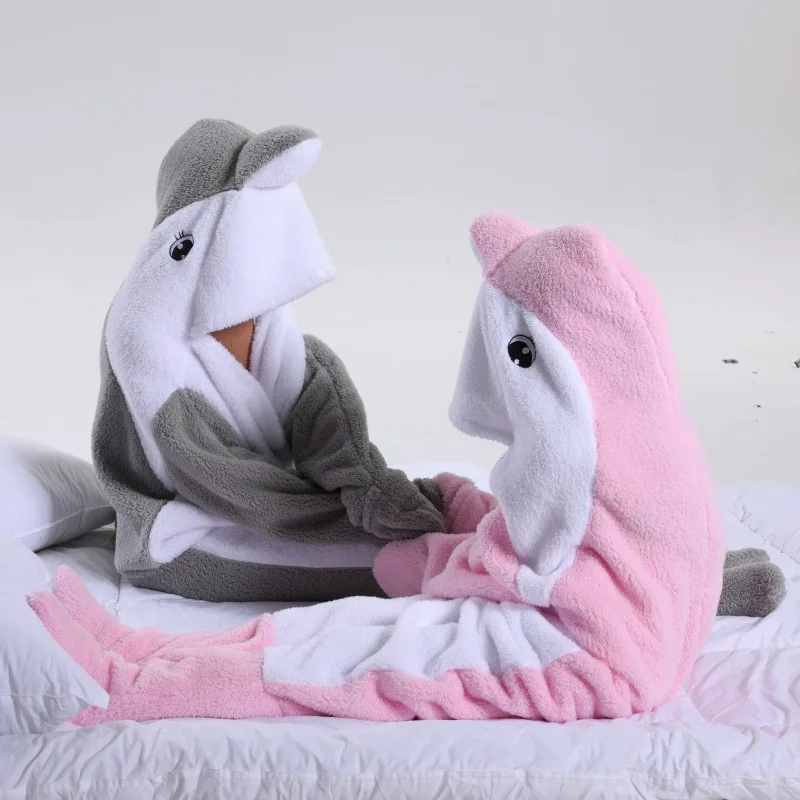 Cartoon Animal Wearable Blanket Dolphin Flannel Home Pajamas for Adults