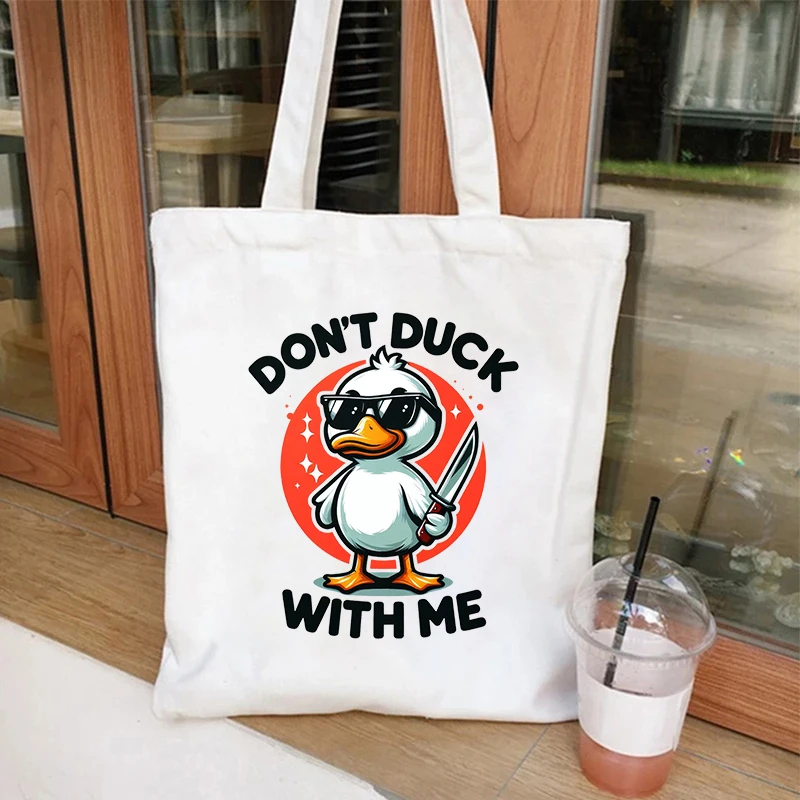 Funny Duck Off Graphic Shoulder Handbag Folding Funny Canvas Tote Bags Reusable Shoulder Bag Fashion Cartoon Grocery Bag