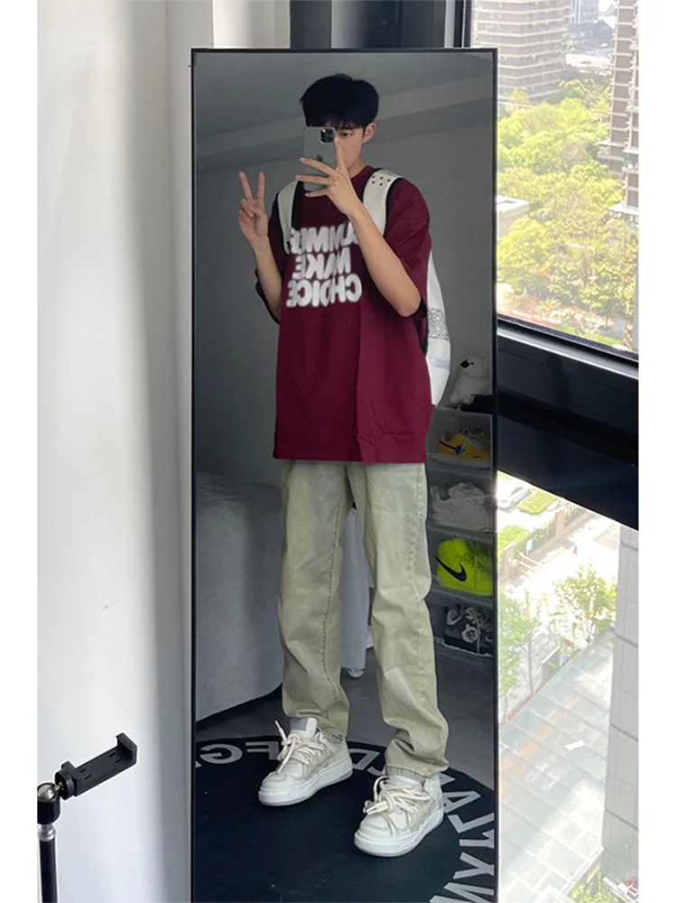 

Мужские джинсы в американском ретро-стиле, желтые, цвета грязи, летние, модные, свободные, прямые, длинные брюки, с низкой посадкой, на молнии, из смесового хлопка