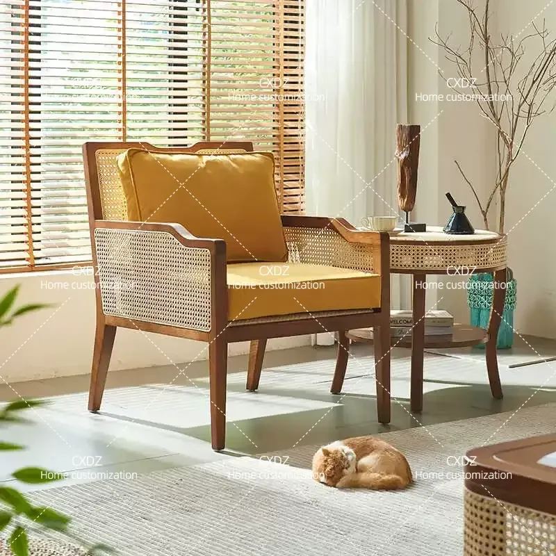 3 Piece Rattan Table Chair Set Balcony Living Room Leisure Retro Wabi Sabi Single Sofa Chair