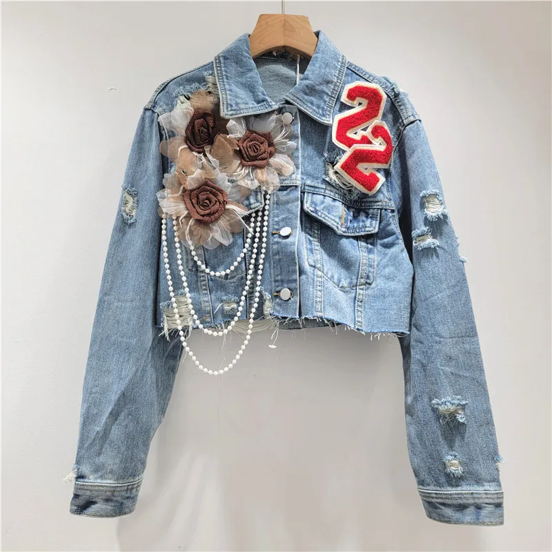 

Spring Autumn Women 3D Flowers Embroidery Diamonds Beaded Denim Jacket Pearls Chain Fringed Jeans Coat Numbers Cowboy Cardigan