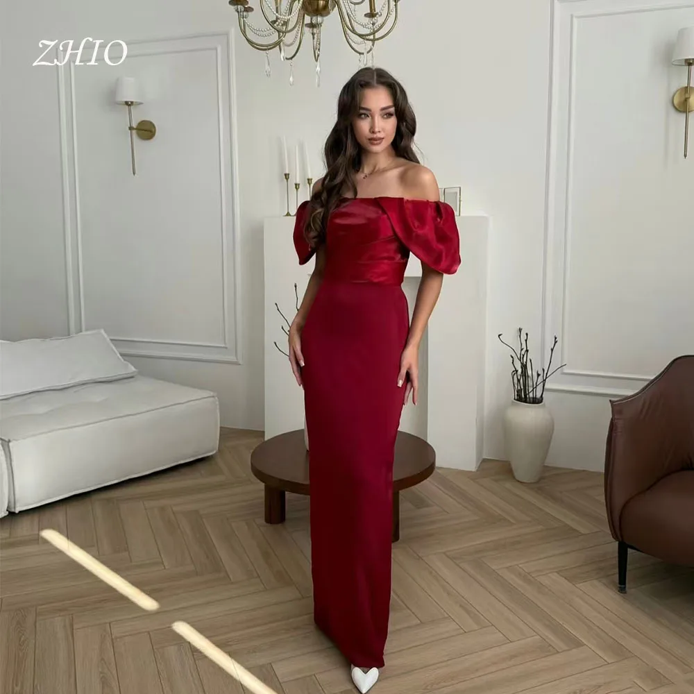 

ZHIO Classic Drak Red Off Shoulder Evening Dress Short Sleeves Straight Satin Formal Party Prom Gown Customفساتين سهرة
