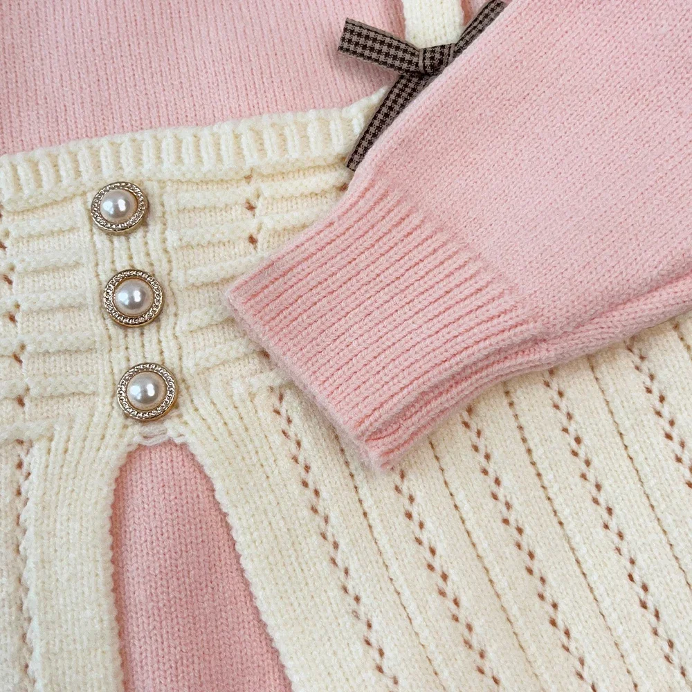 Kinder Mädchen 2-teiliger Strickanzug Langarm-Oberteil mit Schleifendekoration, zweiteiliger Pullover-Rock, süßes Prinzessinnen-Outfit für Kleinkinder 2-6 Jahre – Detail 5
