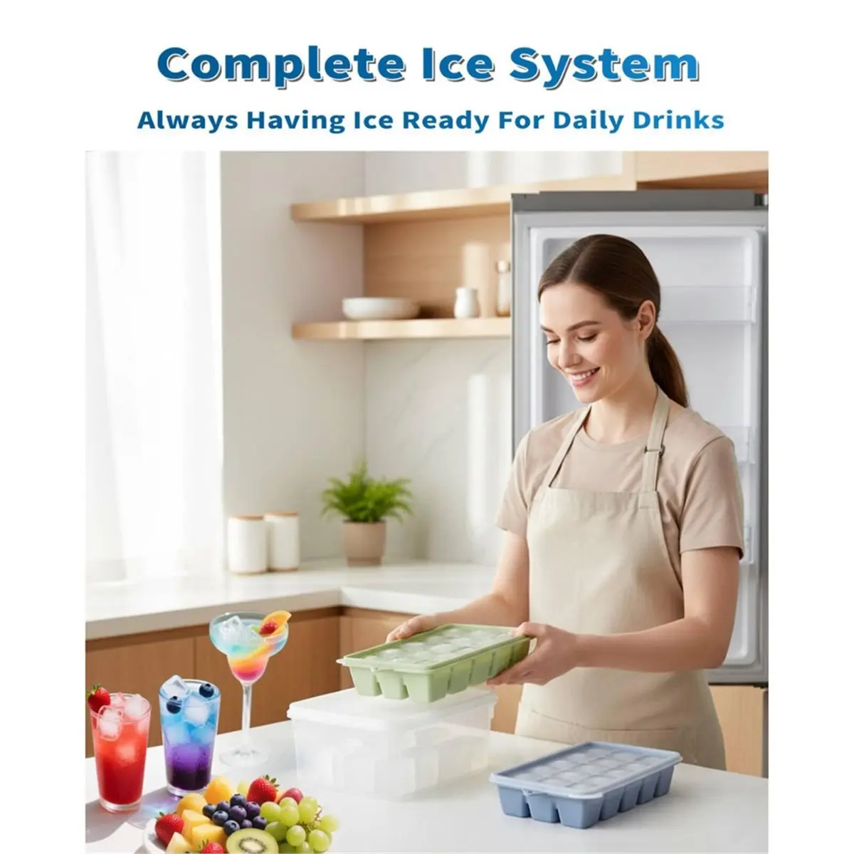 Silicone Ice Tray with Lid for Freezer - Non-Spill, Stackable Ice Bucket Kit for Cocktails with Lid Blue