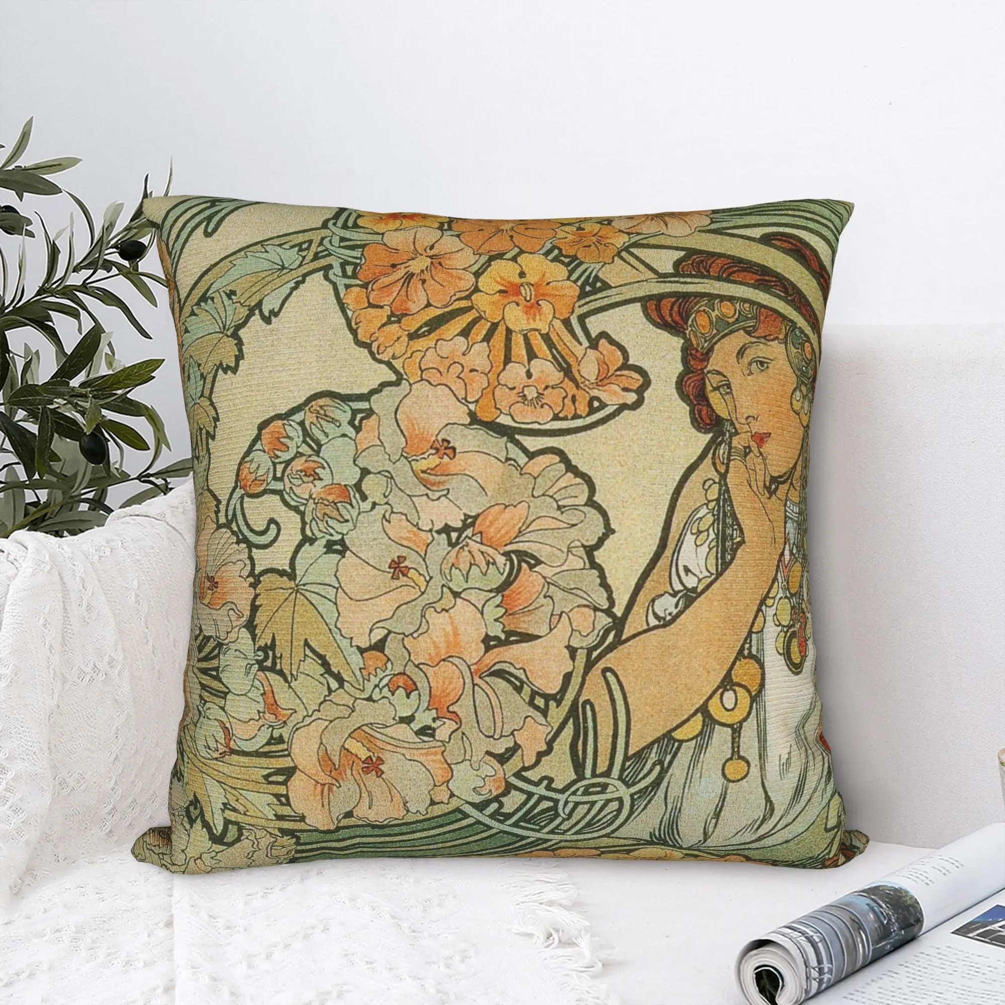 Alphonse Mucha Pillowcase Polyester Cushion Cover Decorations Vintage Art Nouveau Pillow Case Cover Home Square 45X45cm