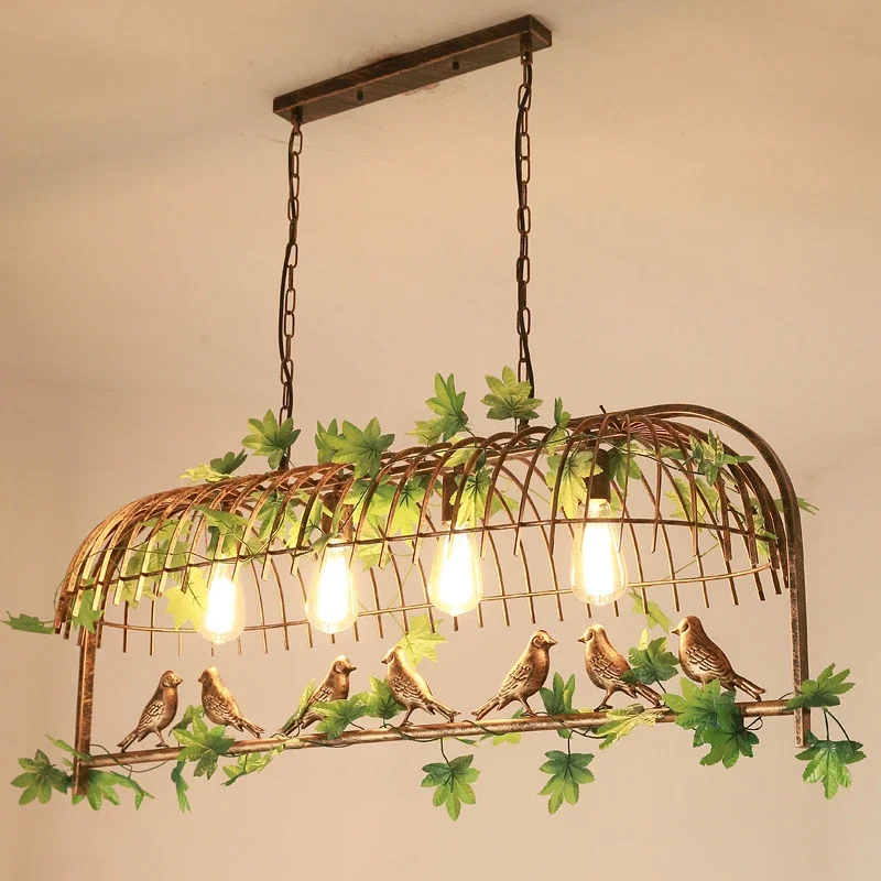Retro Style Iron Bird Cage Green Leaf Decoration Chandelier for Restaurant Holl Bar Dining Table Garden  LED Lamps Indoor Decor