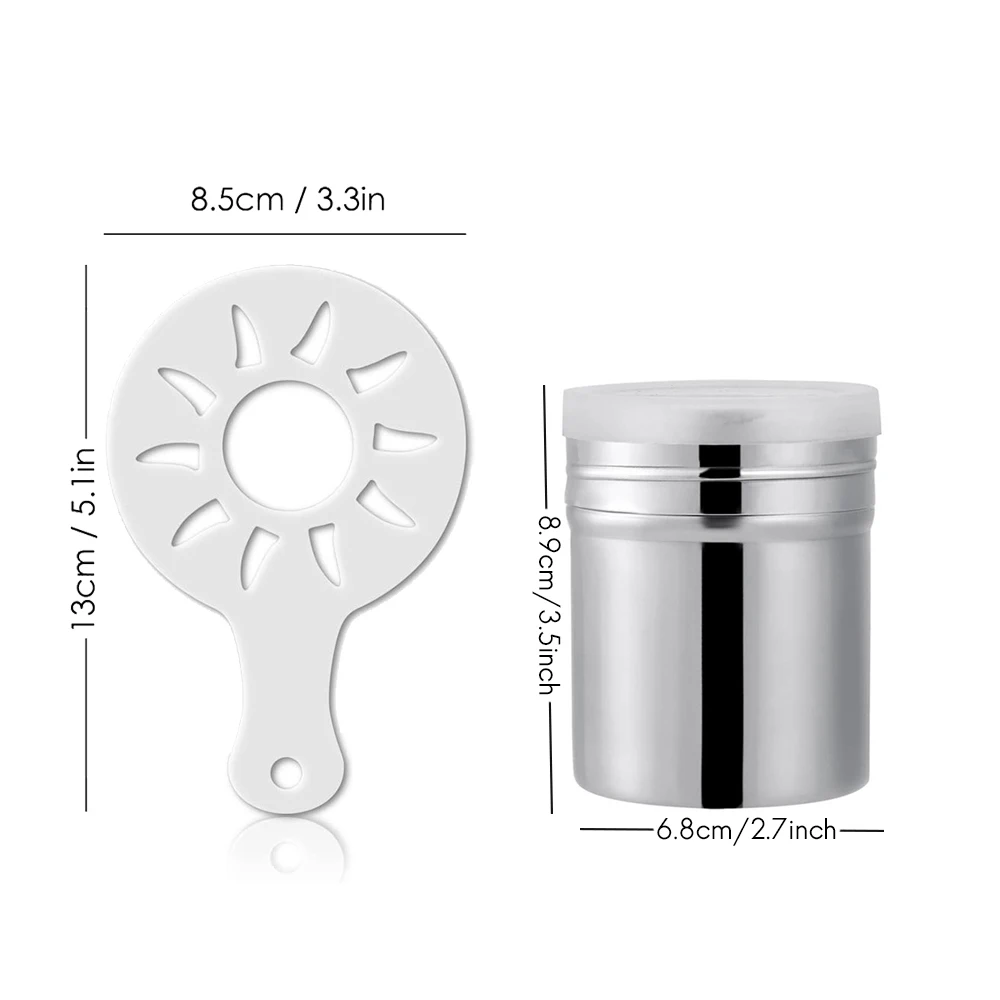 3 Pack Coffee Cocoa Stainless Steel Powder Shaker with Lid,Baking Cooking Home Restaurant with Printing Molds Stencils