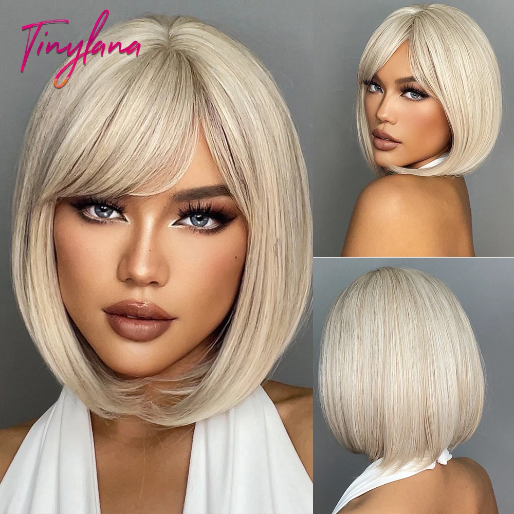 Białe blond szare syntetyczne peruki z grzywką Krótka prosta peruka Bob dla kobiet Cosplay Codzienne naturalne włosy Odporne na ciepło