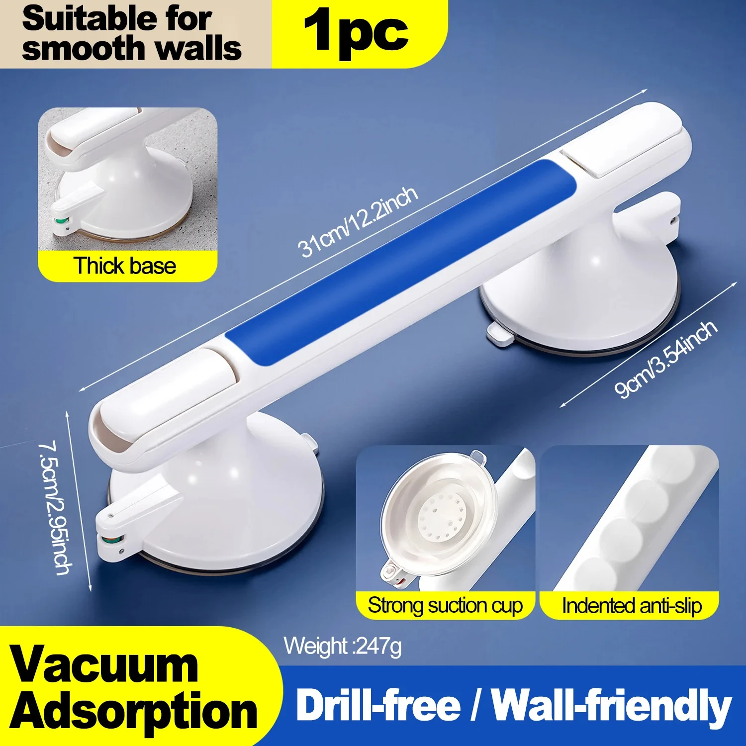 

No-Drill Shower Grab Bar Anti Slip Suction Cup Bathroom Handle for Bathtub, Safety Grip for Elderly & Kids