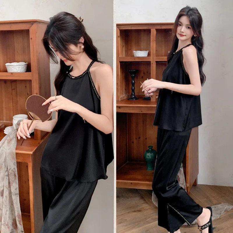 

Comfortable Summer New Pajama Woman Elegant Ice Silk Small Fragrance Wind Halter Pant Suit High Quality Chic Breathable Soft Pj