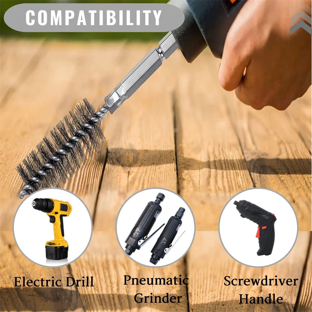 Steel Bore Wire Brush Twisted Wire Stainless Steel Cleaning Brush with Handle 1/4 Inch Hex Shank for Power Drill Impact Driver