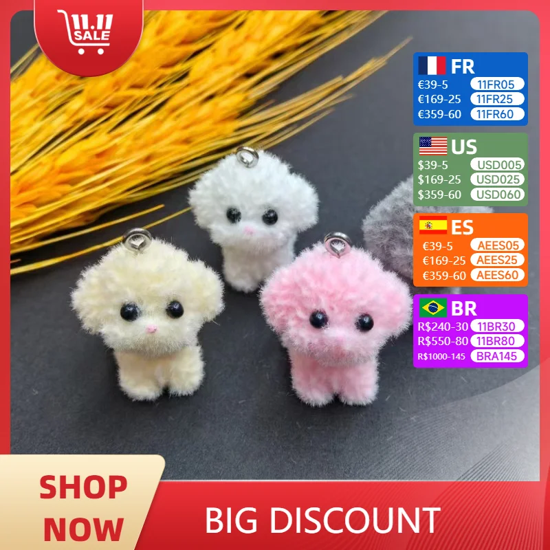 3D Kawaii reunindo encantos boneca do cão, animal dos desenhos animados pingente de resina de pelúcia, chaveiro do telefone, colar, saco, brinco, jóias DIY fazer, 30pcs