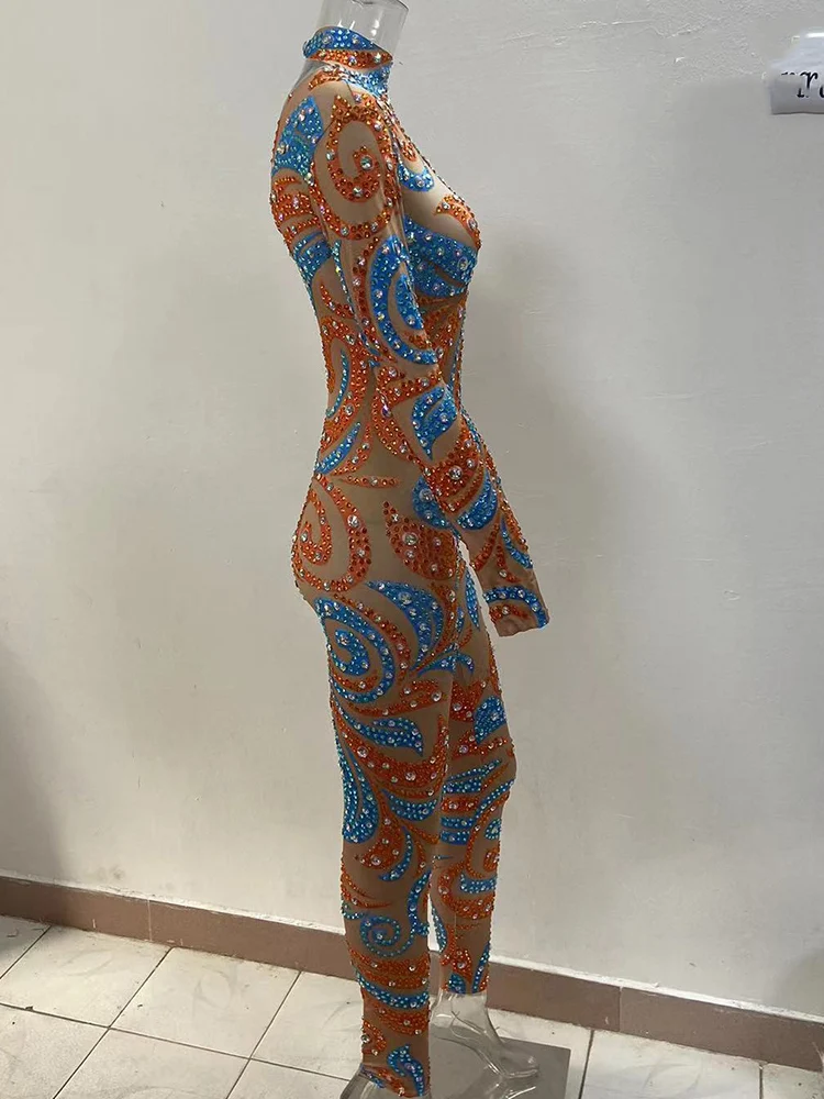 High Quality Rhinestone Elastic Contrasting Color Jumpsuit 2024 New Fashion Custom Women'S Clothing