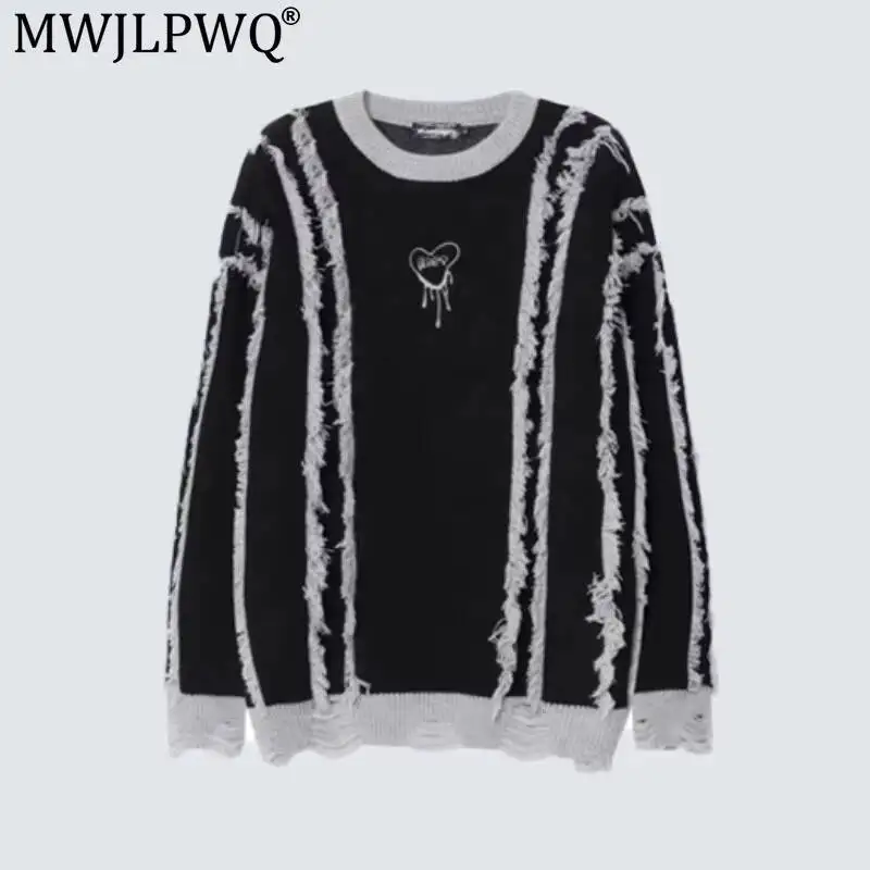 MWJLPWQ 2026 Autumn Winter Distressed Tassel Sweater Men's Round Neck American Casual Design Couple's Outfit Knitwear 20162