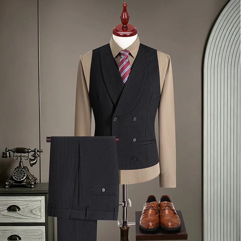 High-Quality Wedding Party Men's Woolen Suit Set with Double-Row Buttons And Apple Green Collar Inner Vest Two-Piece Set