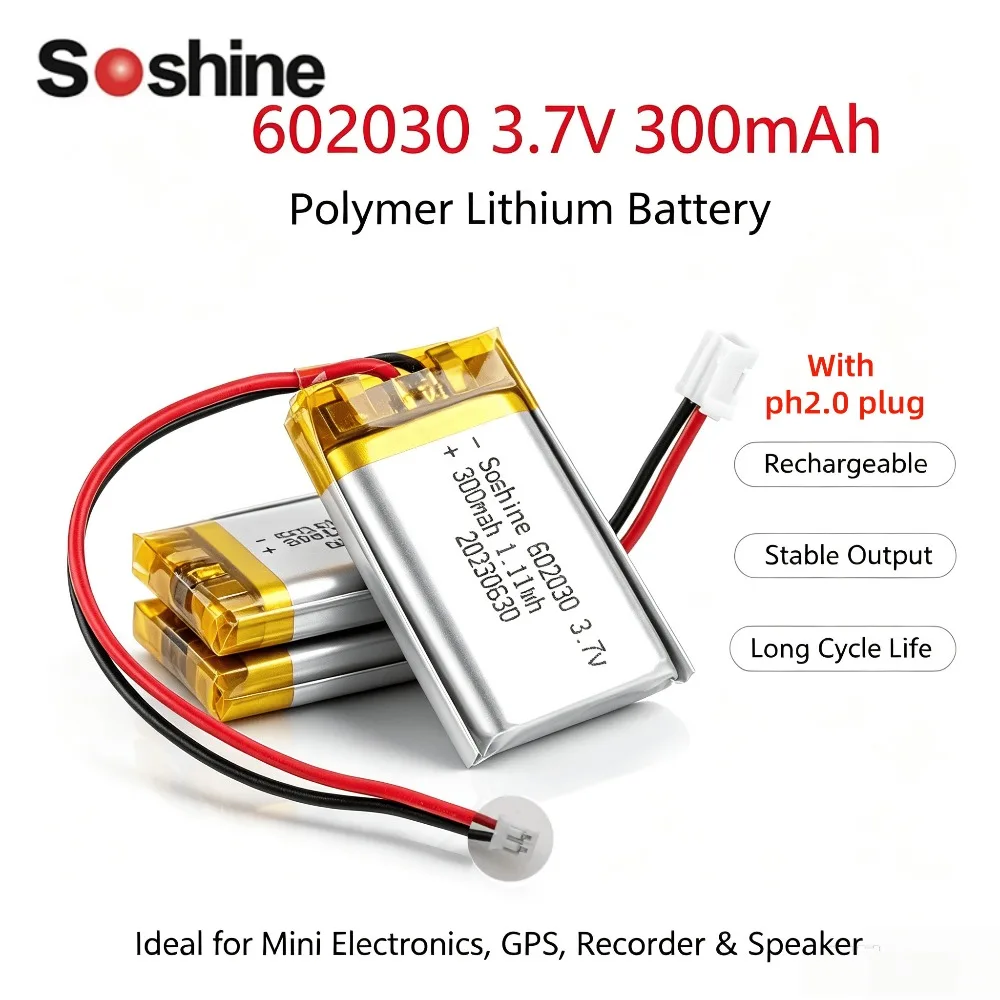 602030 300mAh 3.7V Li-ion Polymer Battery Lithium Rechargeable Battery for Bluetooth Headset Speaker Monitor Self-Timer