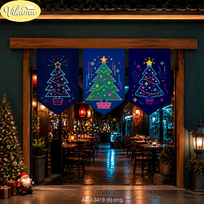 VIKAMA Christmas Triangle Banners, Neon Pixel Christmas Tree Print Fabric Triangle Banners, Wall Hangings for Home Decor