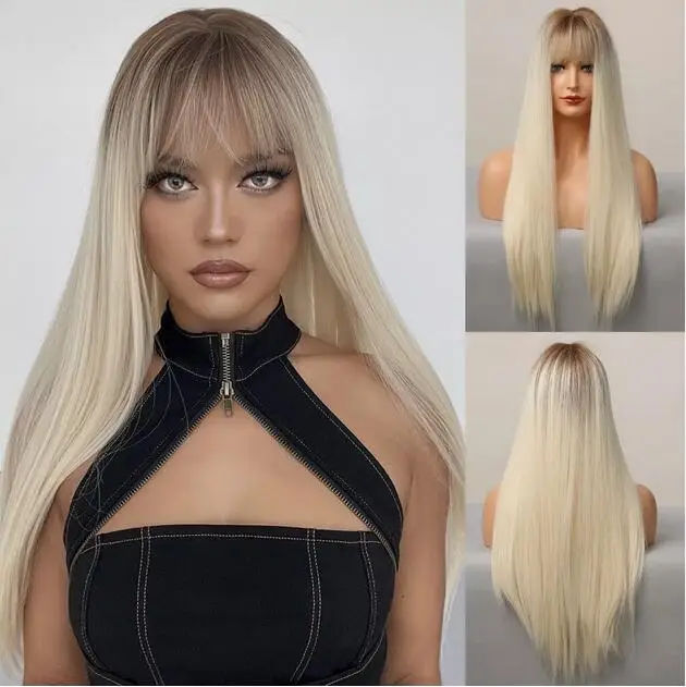 

Ombre Brown Blonde White Hair with Bangs Long Straight Cosplay Daily Wig