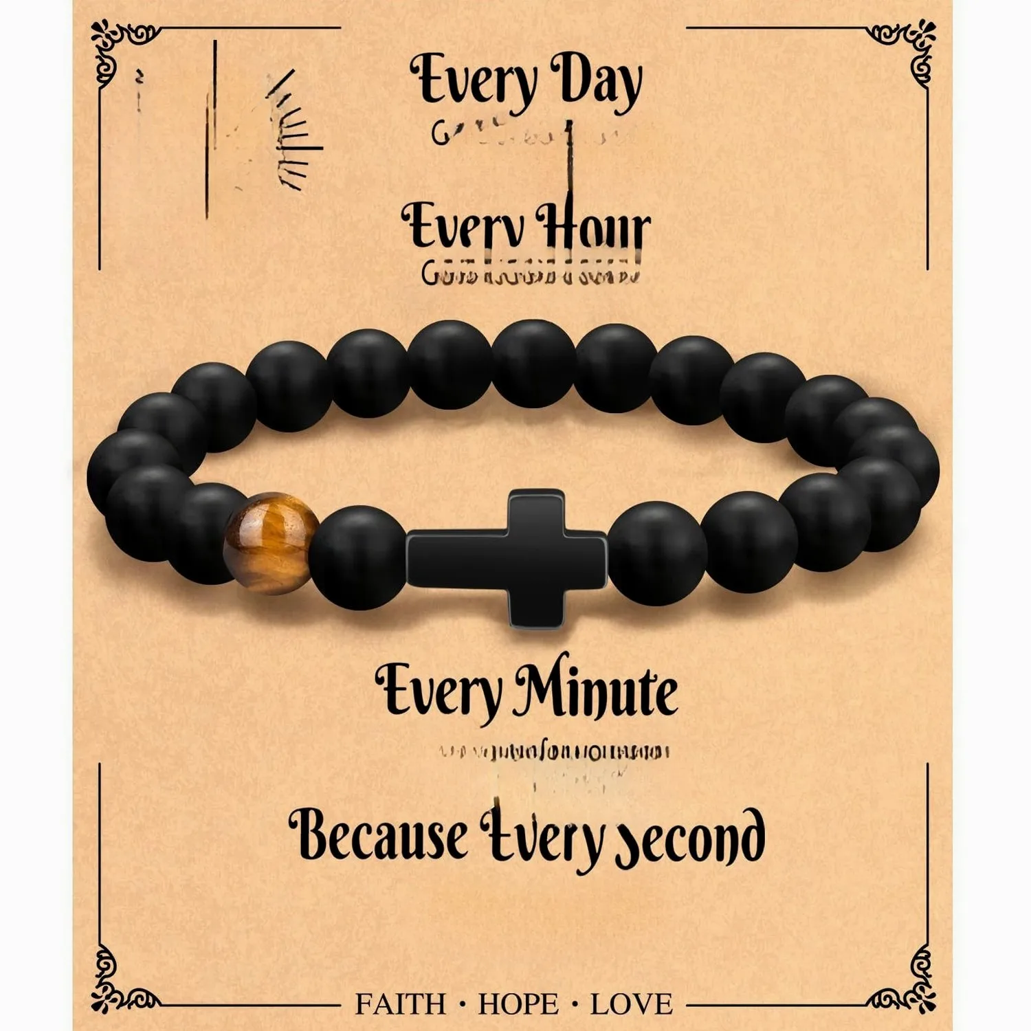 Handmade Tiger Eye Stone Woven Cross Beaded Bracelet for Men, Black Matte Finish, Vintage Gift Jewelry
