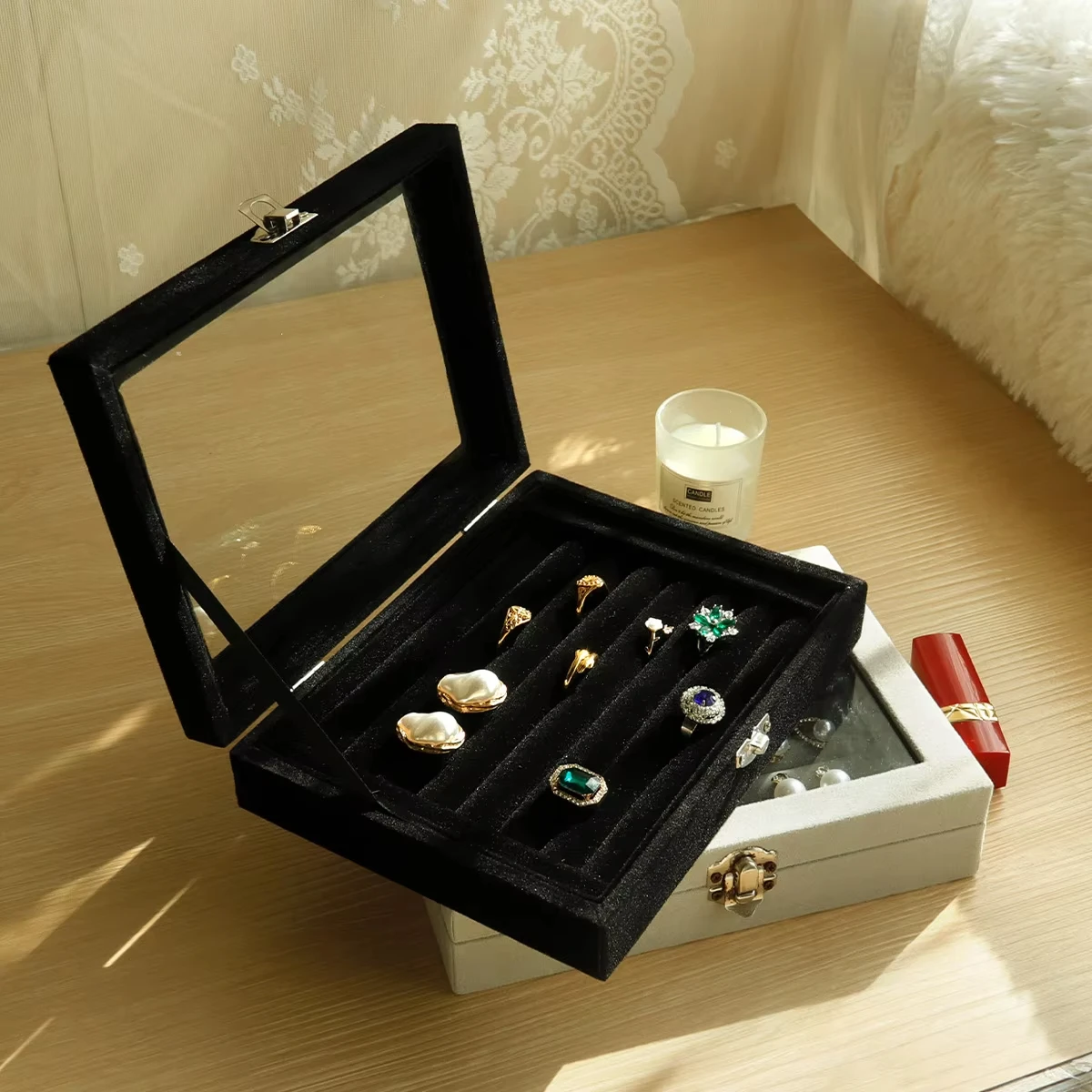 Velvet Ring Storage Box with Clear Glass Lid Multi Slot Jewelry Display Case Black Gray Two Colors Home Shop Organizer Gift