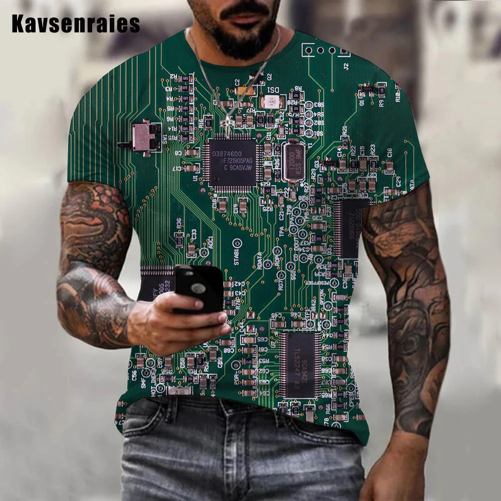 2023 Newest Circuit Board Pattern 3D Printed Men\'s T-shirt Creative Casual Electronic Chip Short Sleeve Harajuku Street Tops