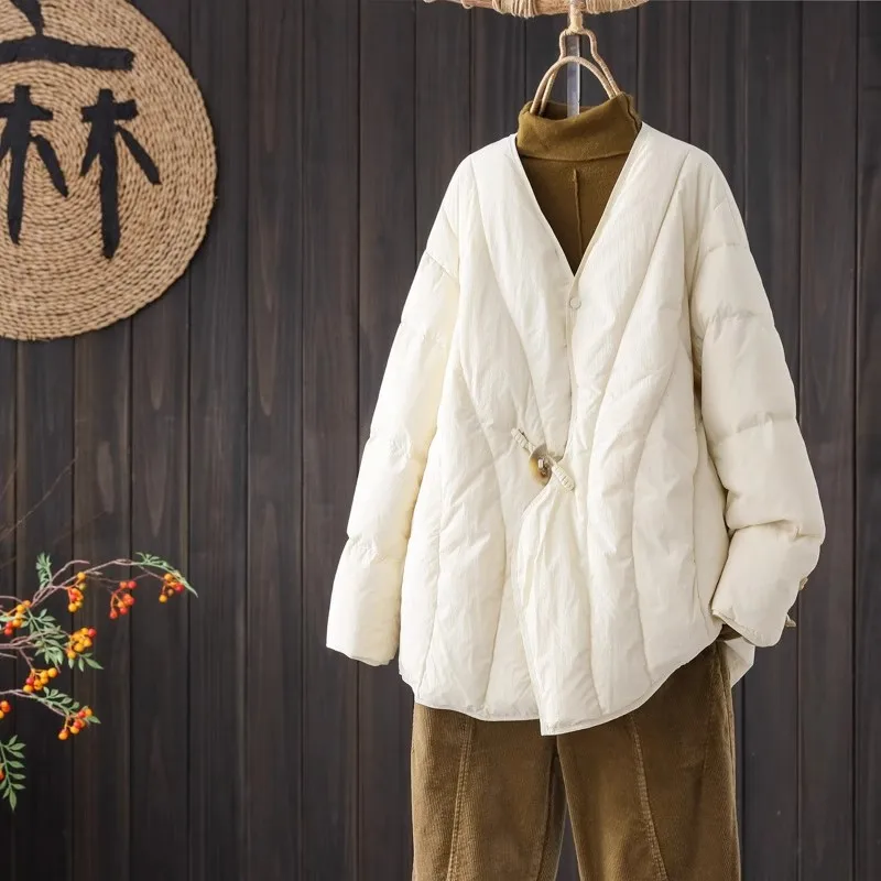 Jaet en duvet de coton pour femmes, ample, chaud, rétro, Long, coupe régulière, fermeture à bouton unique, manteau de couleur Pure