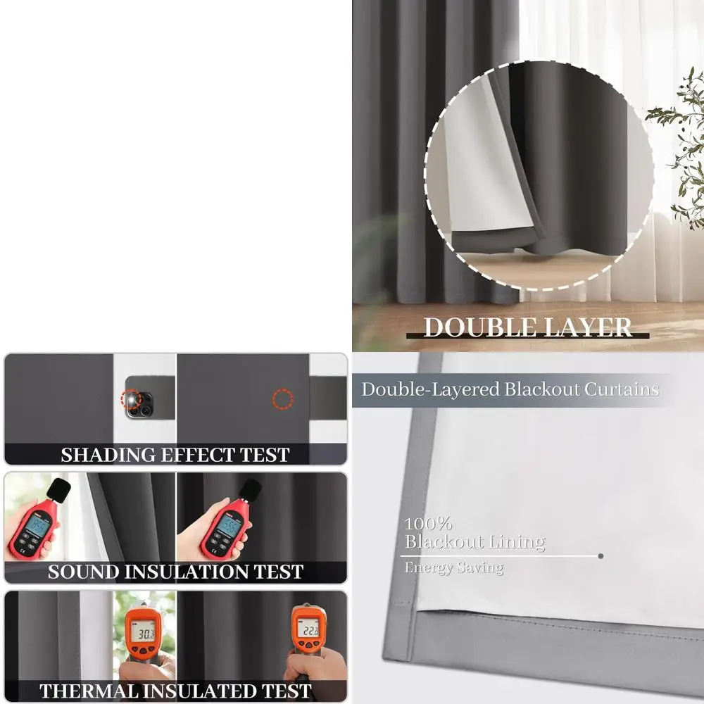 

Толстые 100% затемняющие шторы с люверсами — светло-серые, с термоизоляцией, 52x96 дюймов, набор из 2 шт.