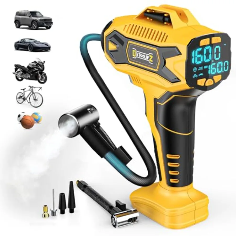 

Беспроводной компрессор для накачки шин, совместимый с аккумулятором Dewalt 20V, портативный воздушный насос с цифровым манометром, быстрая накачка