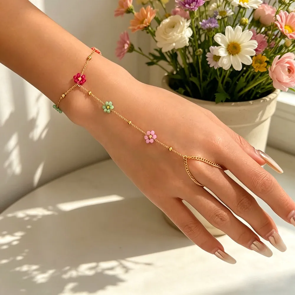 Gold Plated Daisy Flower Stainless Steel Ring Bracelet for Women Girls Trendy Dainty Finger Jewelry Lucky Leaf Gift