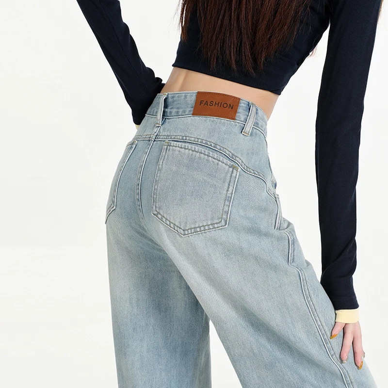 Woman Jeans High Waist Wide Leg Cotton Denim Clothing Design Sense Straight Pant Fashion Comfort White Retro Blue Casual Trouser - Image 2