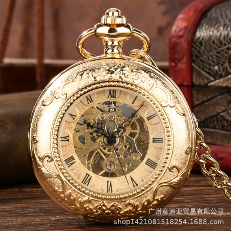 New Products in Stock Hot Sale Gold Double Open Cover Carved Vintage Manual Manipulator Large Pocket Watch Male and Female Stude