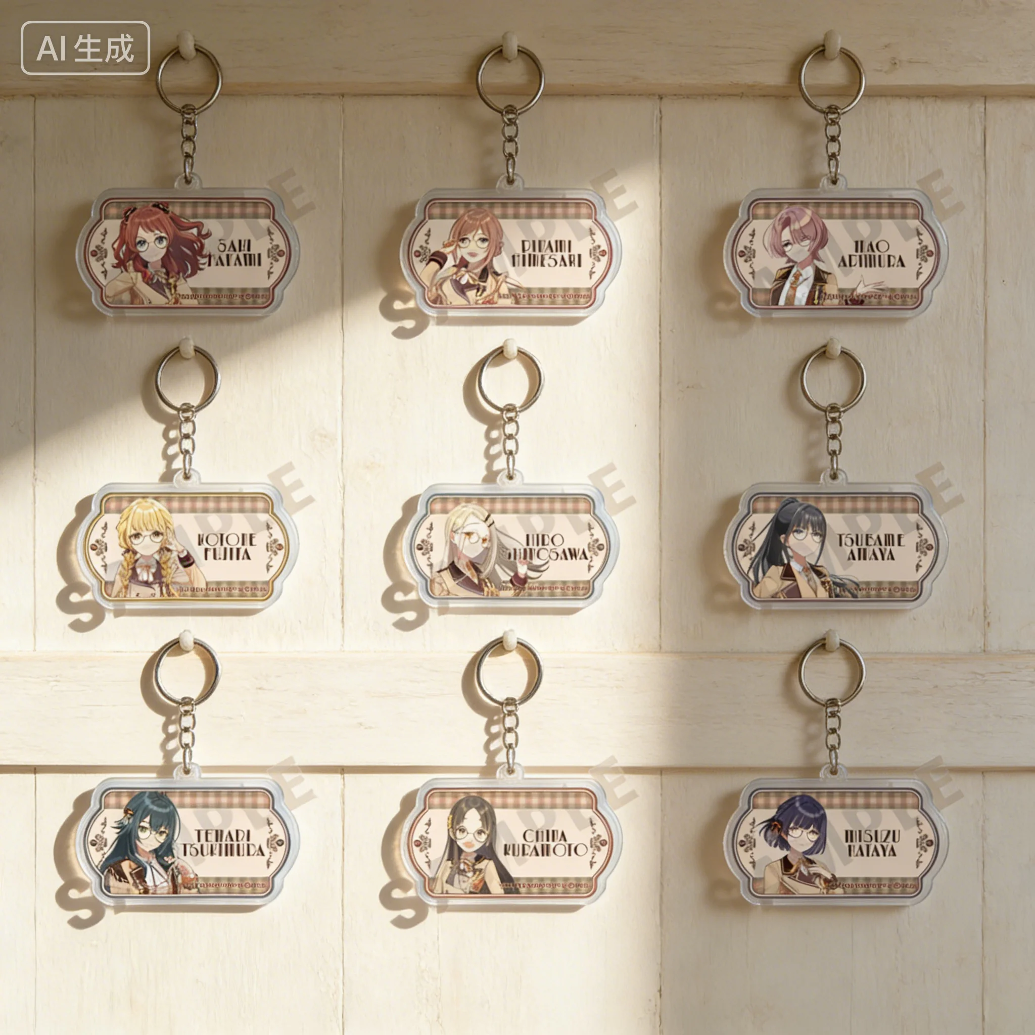 Llaveros de acrílico con tarjeta de información personal de los personajes de THE IDOLM@STER: Gakuen Saki, Kotone, Temari, Hiro, Mao, Lija, Sumika y Hanami
