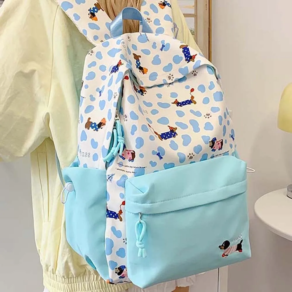 Daypack Nylon Dachshund Backpack Contrast Color Casual Students School Bag Fixed Webbing Scratch Prevention