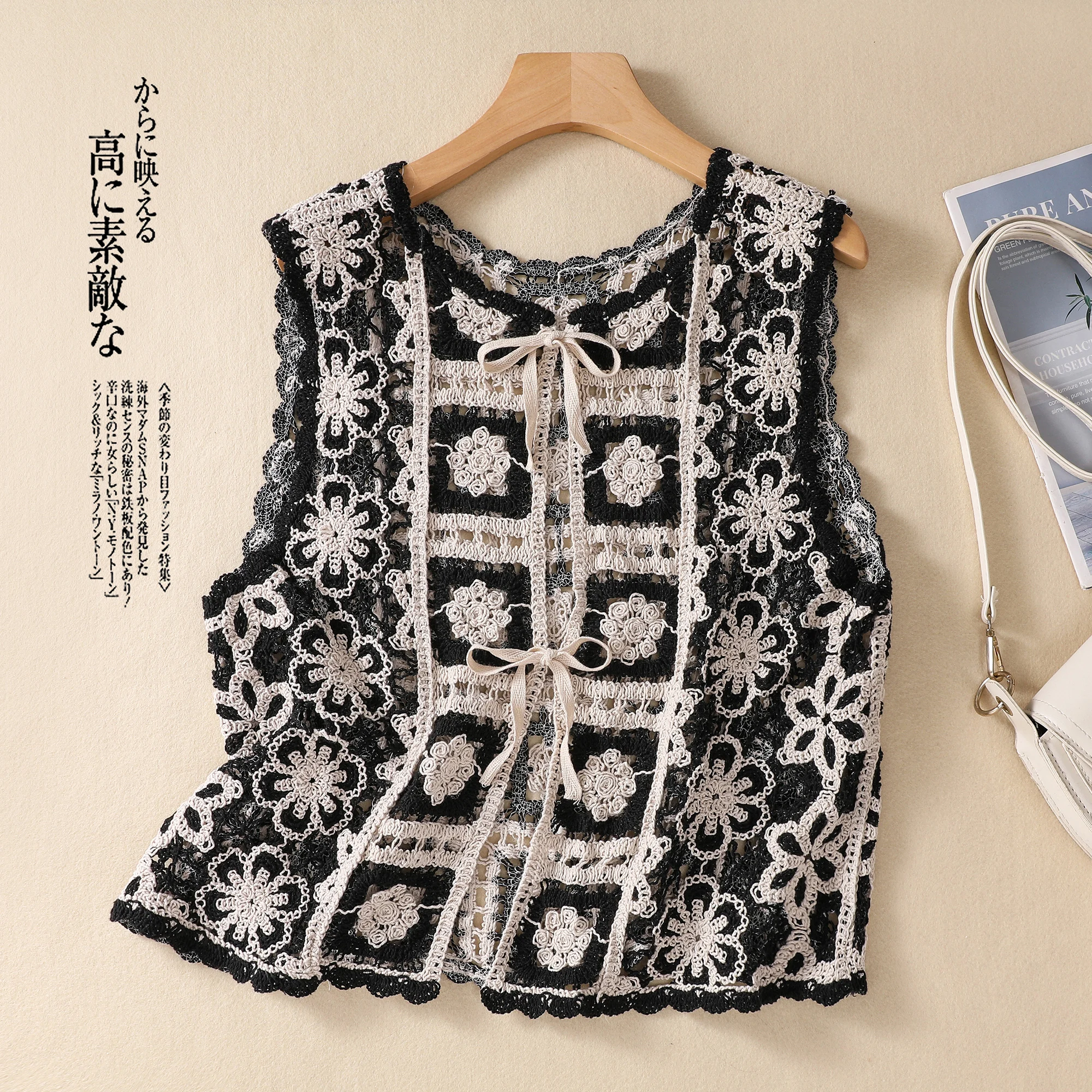 Women's Lace Hollow out Short Vest Double Sided Wear Loose Sleeveless Belted Open Cardigan Style Commute Fashion Autumn Wear