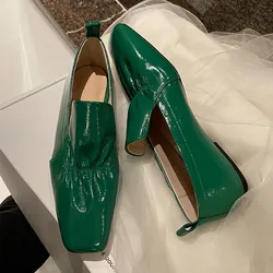 New Spring Women Shoes Square Toe Green Color Loafers Cow Leather Women’s Design Flats Slip On Ladies Shoes Female Flats