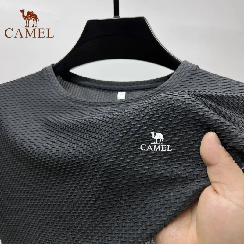 High End Embroidered CAMEL Ice Silk Mesh Short Sleeved T-shirt for Men\'s Summer Fashion Casual Breathable Short Sleeved Polo Top