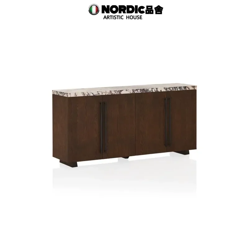 Nordic Antique Solid Wood Dining Side Cabinet Wabi Sabi Retro Marble Countertop Storage Locker for Home