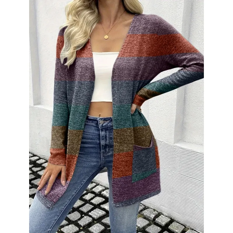 بالإضافة إلى حجم 1XL-5XL المرأة أزياء عارضة طويلة الأكمام مخطط محبوك سترة سترة