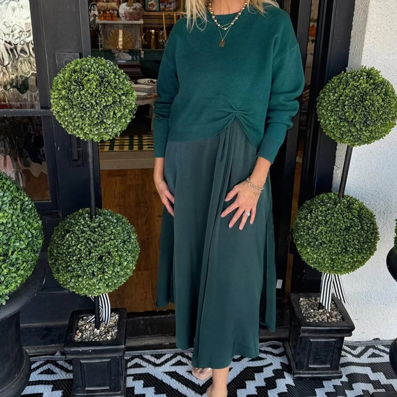 المرأة أنيقة البلوزات الناعمة الصلبة تنورة مجموعات الأزياء س الرقبة ثنيات تنورة طويلة وتتسابق عارضة طويلة الأكمام فضفاضة قطعتين الدعاوى #6