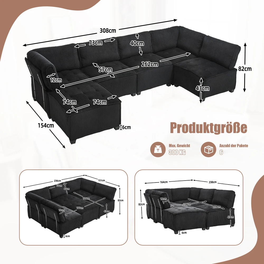 Sofa Modulares 6-Sitzer-Sofa, Kordelstoff, ergonomisch, Aufbewahrungstaschen, flexibel kombiniert als U-Form/L-Form/Sofabett – Detail 20