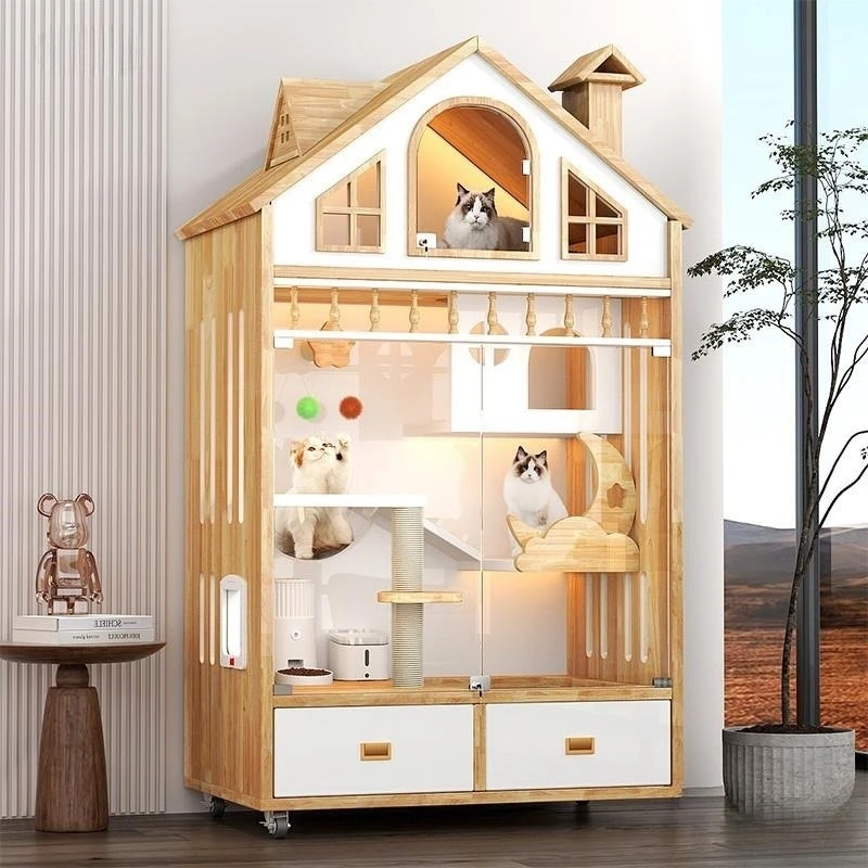 Cat Villa Solid Wood Cat Cage Home Indoor Spire Cat HouseHouse Large House  Cage Panoramic View