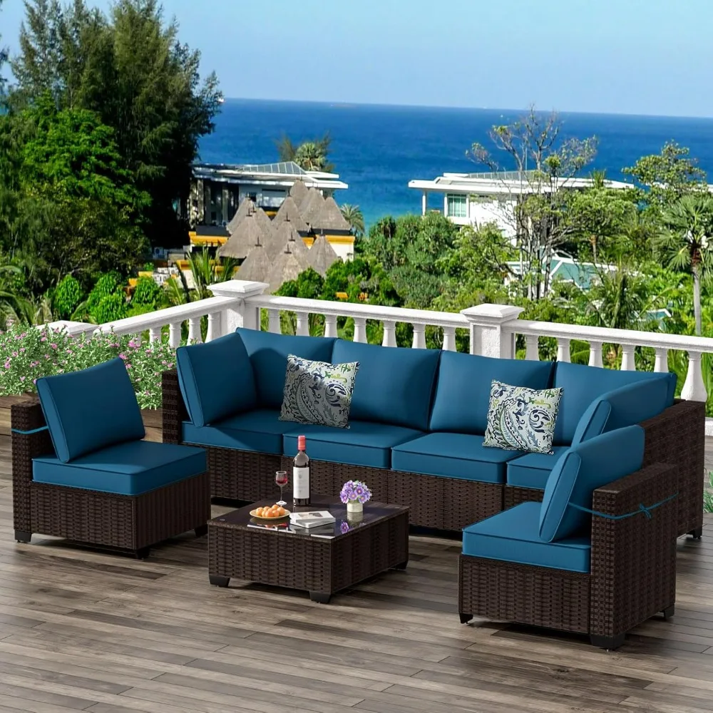 

7 Piece Patio Furniture Set, All-Weather Wicker Outdoor Conversation Set with Sectional Sofa, Rattan PE Wicker Seating