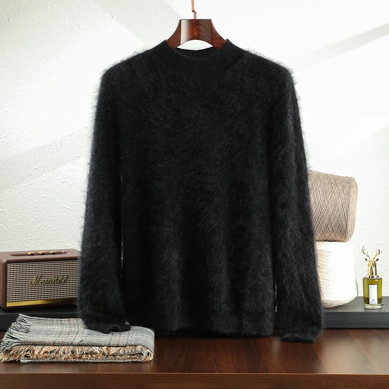 Sweater Pria Bisnis Hangat Berbahan Kasmir Halus 100% Murni, Kerah Setengah Tinggi, Tebal, Longgar, Rajutan