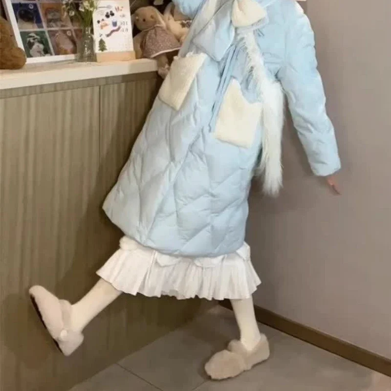 Super Cute Light Blue Diamond Check Cotton-padded Jacket Women's Mid-length Winter New Gift with Detachable Bow Bib Coat Coat