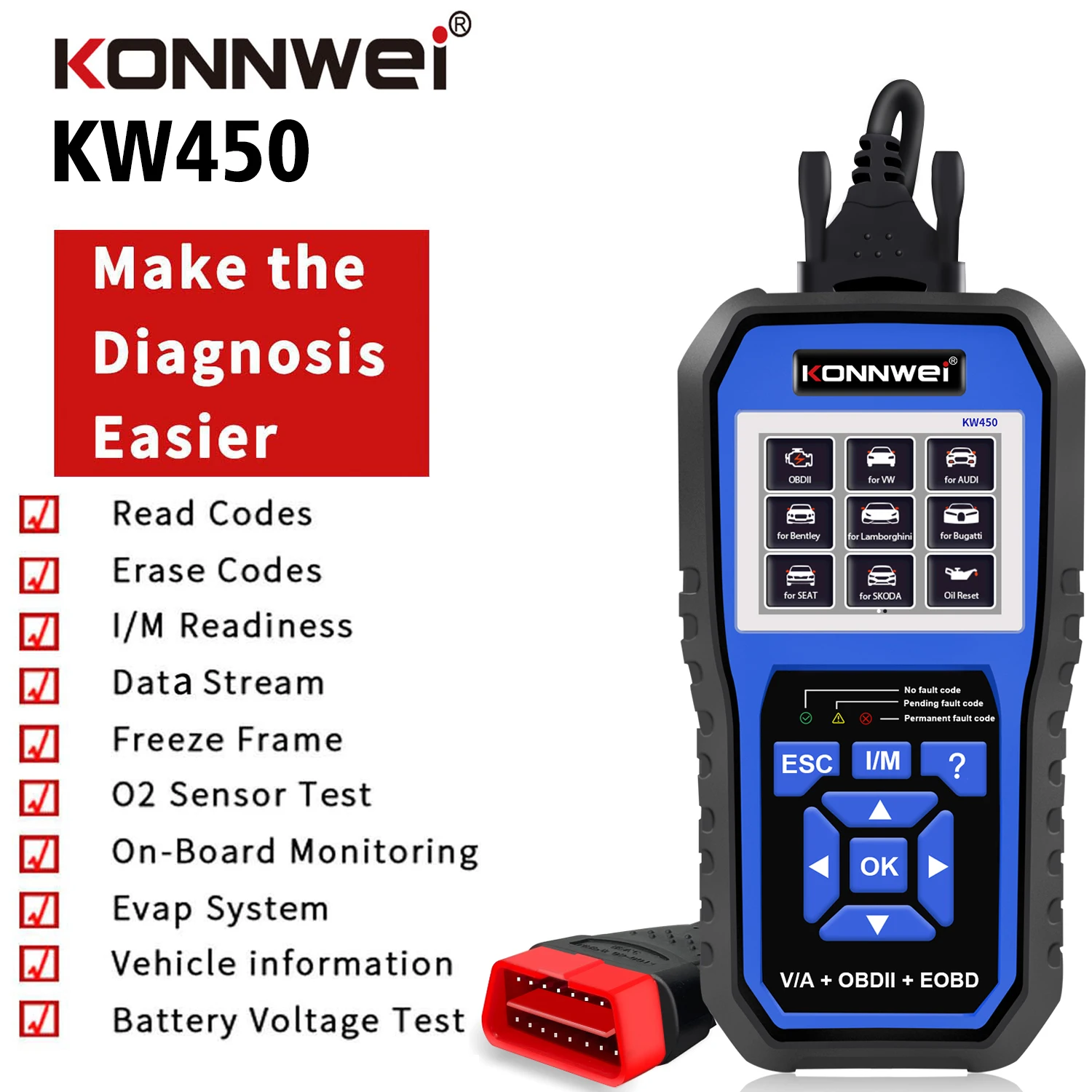 KONNWEI KW450 Full Systems Scanner Car OBD2 Diagnostic Tool for VAG COM VW Audi ABS Airbag Oil ABS EPB SRS TPMS Reset Scanner