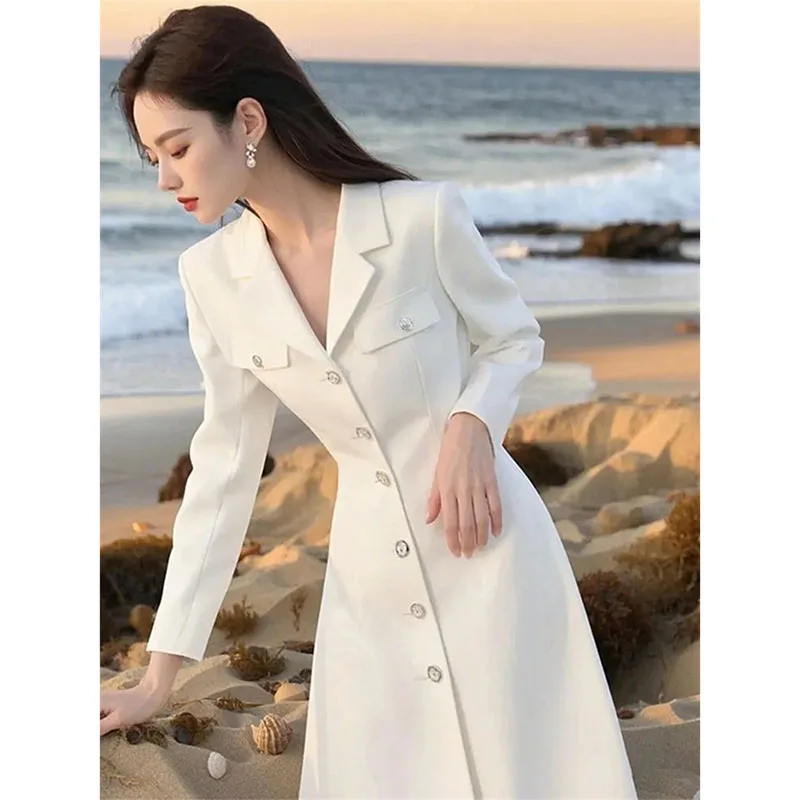 2025 New Elegant White Dress Fashion Spring Autumn Women's Single Breasted Slim Shirt Dresses Korean Women Receive High Praise