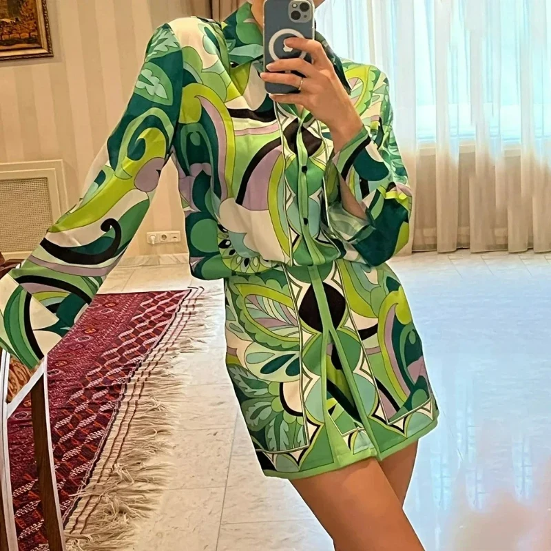 Summer Skirt Sets Women Tops 2025 Fashion Long Sleeve Plant Print Flower Shirt High Waist A-line Skirt Boho Beach Sets Y2k Skirt