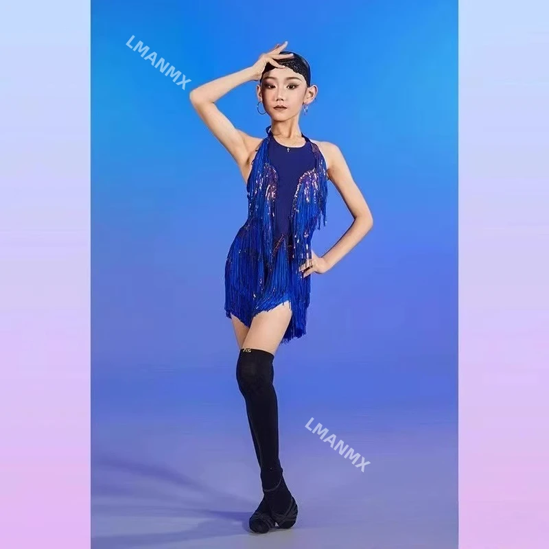 Abito da ballo latino Primavera/Estate Nuovo stile Abito da allenamento per ragazze con collo appeso e nappe con paillettes